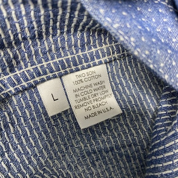 NWT TWO SON Mens Blue Denim White Speckled L/S Cotton Button Down Large L - Picture 4 of 6